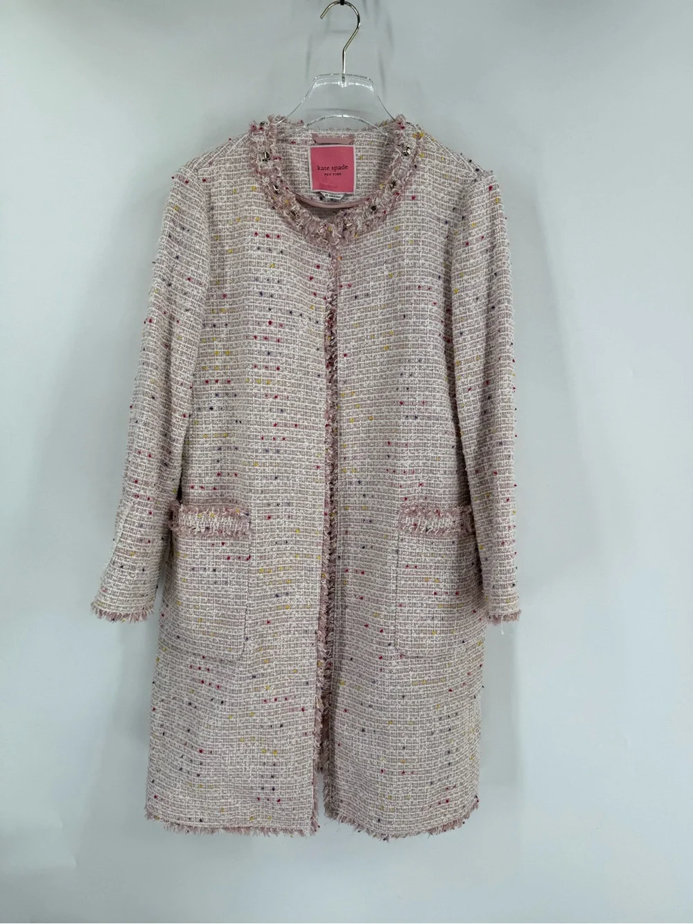 Kate Spade Pink Strawberry Tweed Pocket Open Front‎ Long Jacket Coat size 12